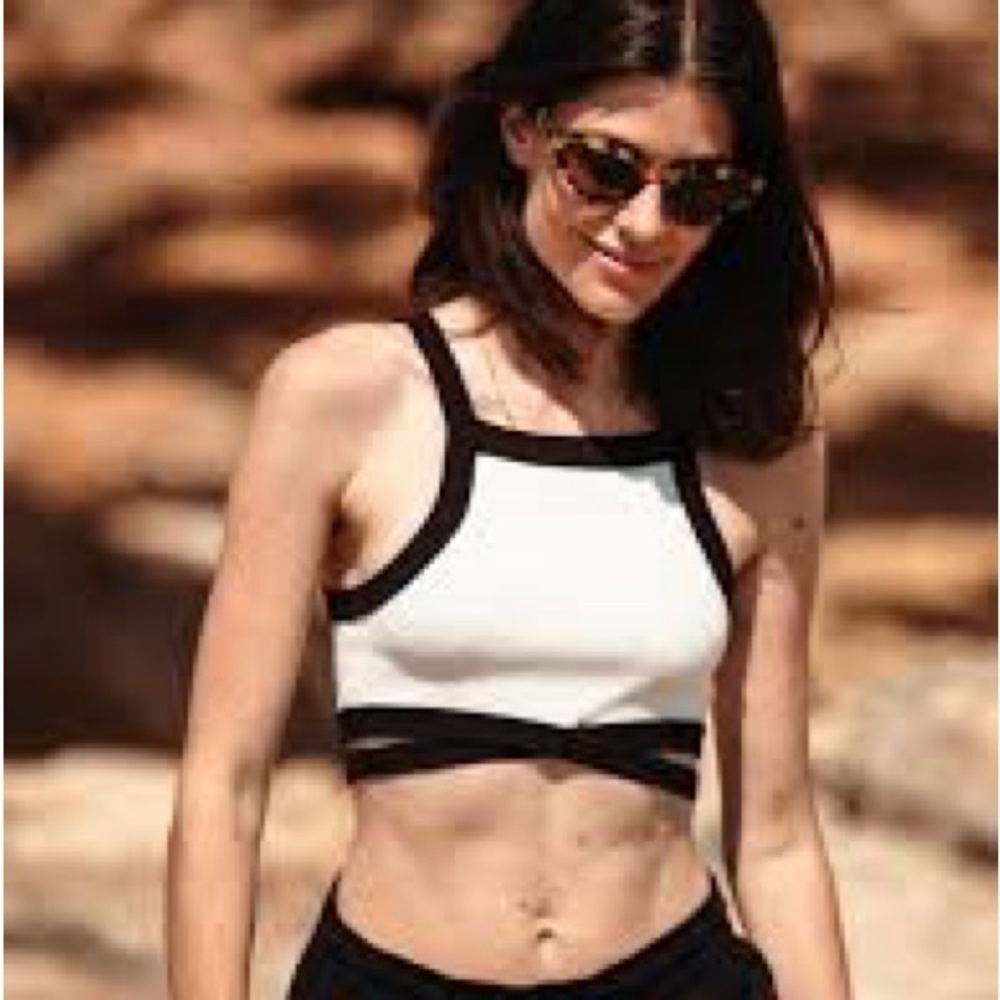 Bershka Cream and Black Knit Top Strappy Cut-Out Top  Contrast Straps Sz M